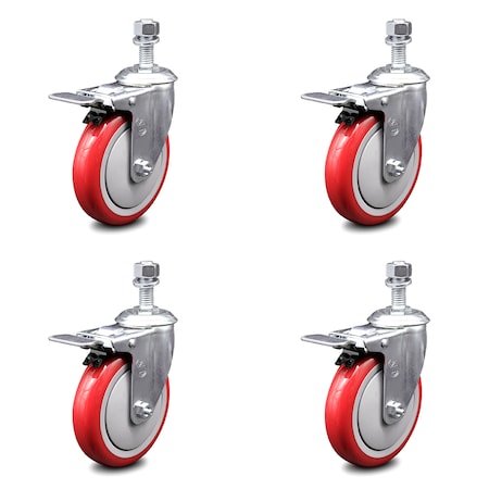 Service Caster 5 Inch Red Polyurethane Swivel 12mm Stem Caster Set with Total Lock Brake SCC-TSTTL20S514-PPUB-RED-M1215-4